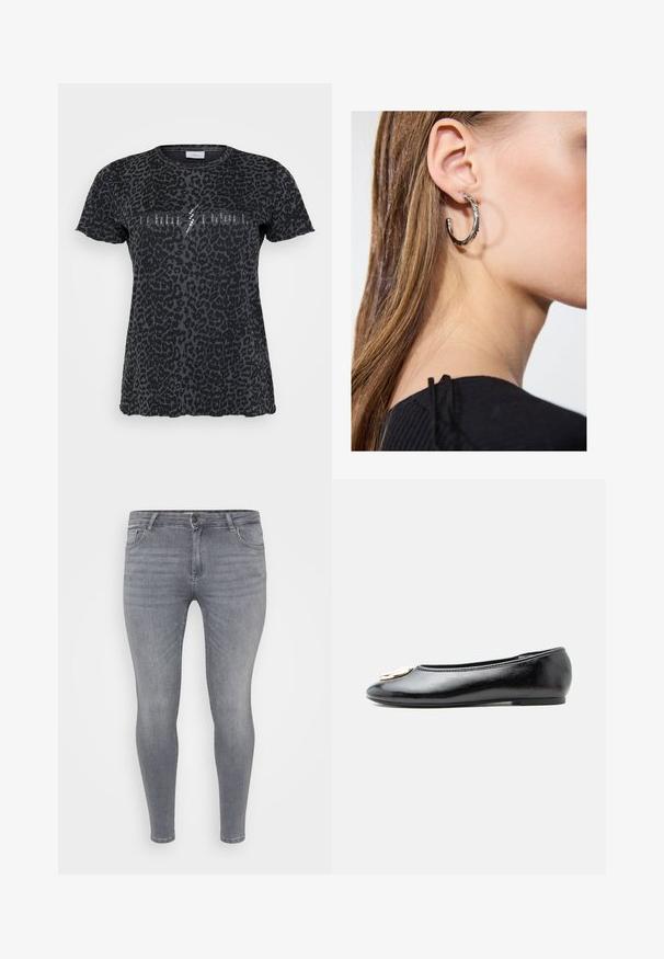 ONLY Carmakoma CARMIKO WASHED SS REG TEE JRS - Tričko s potlačou - phantom; Šedé džínsy skinny s mierne zvýšeným pásom, dizajnom s piatimi vreckami, jemným vyblednutím a štandardným gombíkovým zapínaním.; Čierna balerína z lesklej kože s okrúhlou zlatou prackou na špičke, zobrazená z boku na jednoduchom bielom pozadí.; Strieborná kruhová náušnica s lesklým povrchom, obsahujúca malé zlaté akcenty a okrúhly tvar, nosená na lalôčiku ucha.