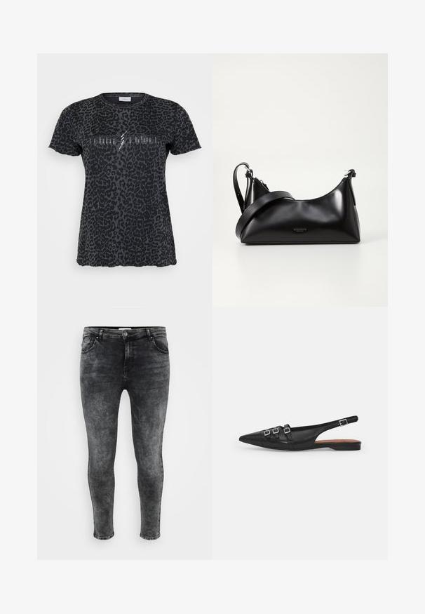 ONLY Carmakoma CARMIKO WASHED SS REG TEE JRS - T-Shirt print - phantom; ONLY Carmakoma CARRUSH MID WAIST - Jeans Skinny Fit - grey denim; Schwarze Leder-Slingback-Ballerina mit spitzem Zeh, ausgestattet mit zwei horizontalen Riemen und quadratischen silbernen Schnallen, mit flachem Absatz und glatter Oberfläche.; Schwarze lederne Handtasche mit glatter Textur. Verfügt über einen verstellbaren Riemen und ein elegantes, minimalistisches Design mit einem Reißverschluss.