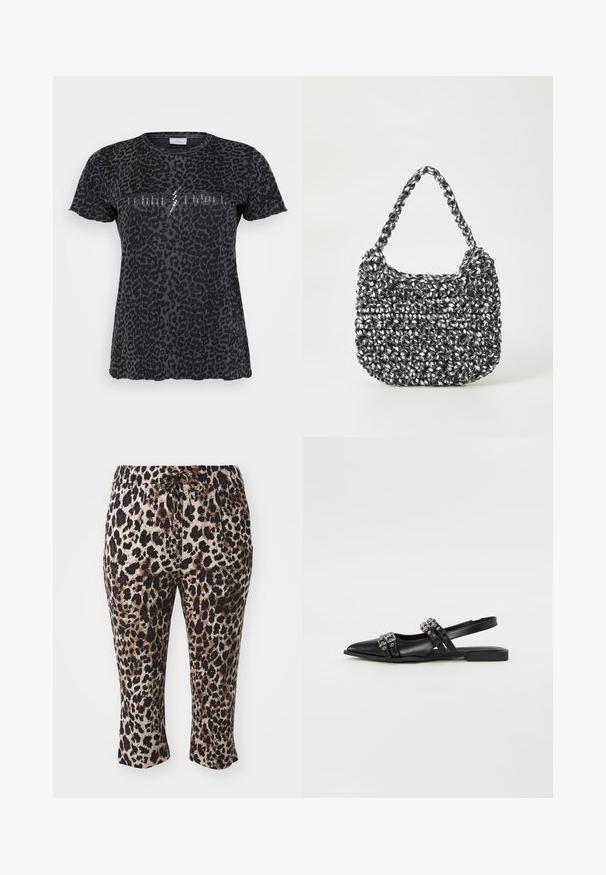 ONLY Carmakoma CARMIKO WASHED SS REG TEE JRS - T-Shirt print - phantom; Leopardenmuster-Hosen mit einem Gummizugbund, verkürzter Länge und glattem Stoff in Schwarz, Braun und Beige.; Even&Odd by Zalando Sling-Ballerina - black; Gewebte Handtasche in Schwarz und Weiß mit runder Form, strukturiertem Oberflächenfinish und geflochtener Grifffläche. Geeignet für den lässigen Gebrauch.