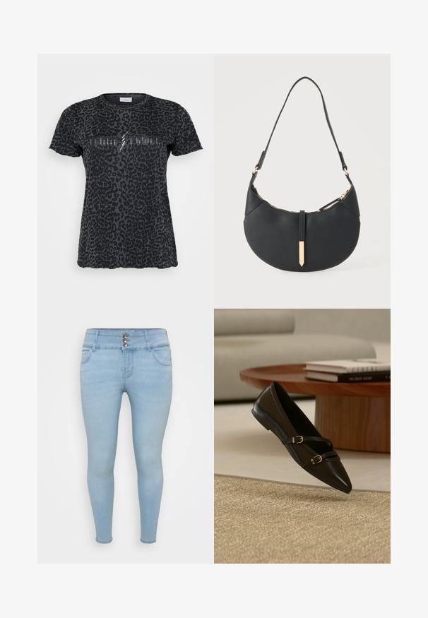 ONLY Carmakoma CARMIKO WASHED SS REG TEE JRS - Camiseta estampada - phantom; Jeans ajustados de color azul claro hechos de denim. Cuentan con un cierre de tres botones, dos bolsillos frontales y una textura suave.; Zapato plano negro con puntera puntiaguda y dos delgadas correas con hebillas flotando sobre una alfombra beige, con una mesa de café de madera y libros al fondo.; Bolso negro en forma de media luna con una sola correa, cremallera dorada y una lengüeta decorativa rectangular dorada en la parte delantera.