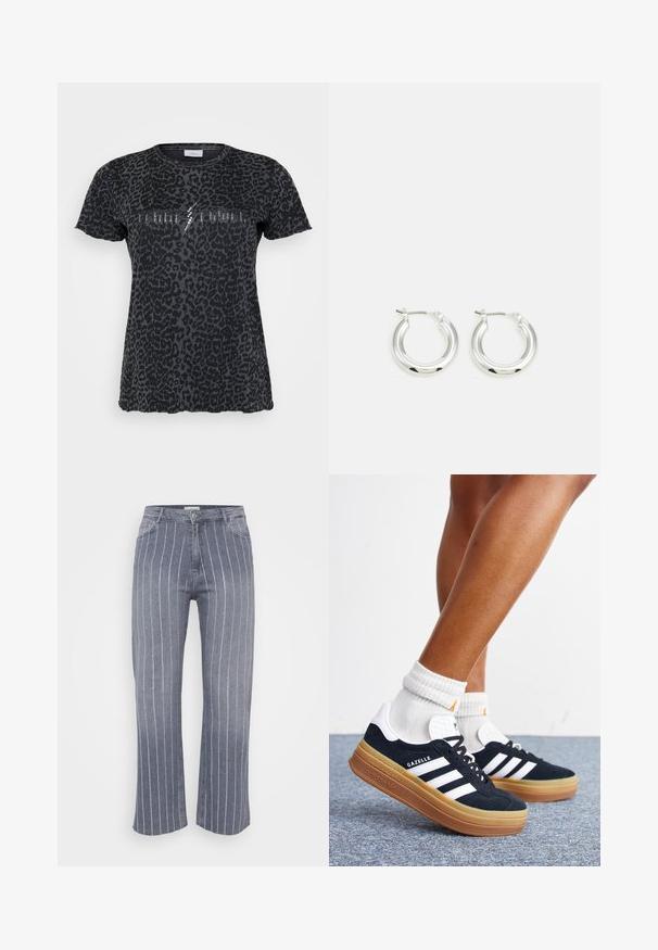 ONLY Carmakoma CARMIKO WASHED SS REG TEE JRS - Trükipildiga T-särk - phantom; Heledad püksid heledast hallist denimist, millel on valged vertikaalsed triibud. Omab standardset vööd, viit taskut ning peeneid õmblusdetailide. ; Jalad valgete sokkide ja mustade Adidas Gazelle tossudega, millel on valged triibud ja paksud pruunid tallad, halli vaibaga põrandal.; Hõbedased rõngaskõrvarõngad poleeritud viimistlusega, ringikujulise kujuga ja hingedega kinnitusega. Sile tekstuur minimaalsete detailidega.