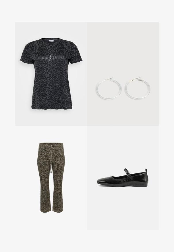 ONLY Carmakoma CARMIKO WASHED SS REG TEE JRS - T-shirt print - phantom; Elastische tailleband broek met trekkoord in khaki en beige zebra patroon. Middelhoge taille, uitlopende pijpen, zachte textuur. Geschikt voor casual wear.; Zwarte patenten leren ballerina met een spitse neus, een enkelbandje met een gesp en een gladde, glanzende textuur. Lage hak voor comfort.; Een paar glanzende zilveren oorringen met dunne draadafsluitingen, getoond op een lichtgrijze achtergrond.