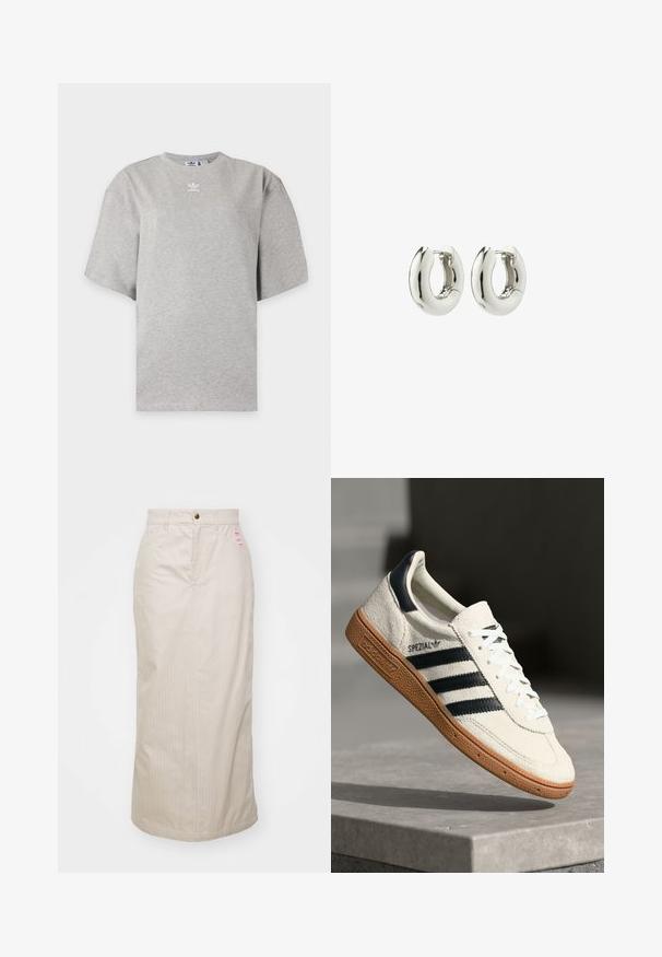 Šviesiai pilka Adidas trumpomis rankovėmis marškinėliai su apvalia apykakle ir mažu baltu Adidas logotipu ant krūtinės, pateikti ant paprasto fono.; Šviesiai smėlinės spalvos sijonas su smulkaus dryžių raštu, aukštu liemeniu, paslėptu užtrauktuku ir metaliniu mygtuku. Pridedamas mažas prekės ženklą pažymintis etiketė priekyje.; Baltos odinės sportinės bateliai su tamsiai mėlynomis juostelėmis, guminis padas, tekstūruotas viršus, apvalus nosis ir šnervės; turi prekės ženklą šone ir ant liežuvėlio.; Sidabriniai auskarai su lygia, suapvalinta forma ir blizgiu paviršiumi. Turi paprastą užsegimą, kad būtų lengva užsidėti.