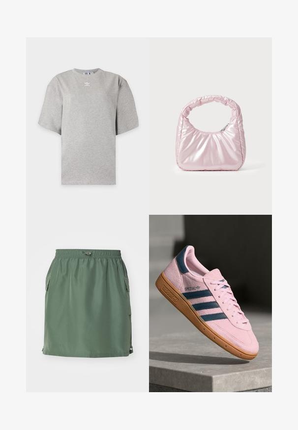 Lysegrå Adidas T-shirt med korte ærmer, rund hals og lille hvid Adidas-logo på brystet, vist på en ensfarvet baggrund.; Khaki grøn nederdel lavet af letvægtsstof, med elastisk talje, sidelommer og en lige pasform med en kantdetalje.; Lyserød ruskindssneaker med marineblå tre striber, gummisål og lyserøde snørebånd. Har "SPEZIAL"-branding på siden.; Rosa, polstret håndtaske med afrundet design, lavet af skinnende materiale. Har et samlet håndtag og en lynlås til sikker adgang.