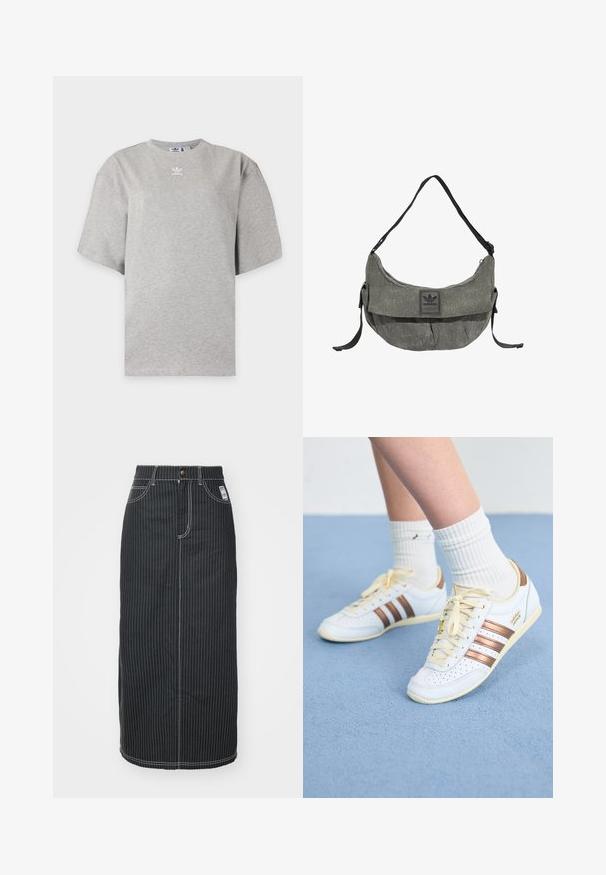 Lichtgrijs Adidas T-shirt met korte mouwen, ronde hals en klein wit Adidas-logo op de borst, weergegeven op een effen achtergrond.; Zwarte denim midi-rok met witte verticale strepen. Heeft een knoop taille, twee voorzakken en contrasterende stiksels. Rechte snit.; Witte sneakers met bronzen strepen, getextureerd leer, gele veters en geperforeerde details. Gedragen met witte geribbelde sokken op een zachte blauwe ondergrond.; Grijze Adidas schoudertas van stof met zwarte verstelbare riem en een voorflap met Adidas-logo.