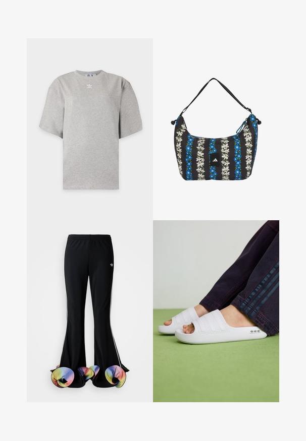Hellgraues Adidas T-Shirt mit kurzen Ärmeln, Rundhalsausschnitt und kleinem weißen Adidas-Logo auf der Brust, auf schlichtem Hintergrund dargestellt.; Schwarze Sporthosen mit weit ausgestelltem Design. Sie haben farbenfrohe, gerüschte untere Säume und weiße Seitenstreifen. Hergestellt aus dehnbarem Stoff.; Weiße Gummisandalen mit drei strukturierten horizontalen Streifen, einer abgerundeten Zehenpartie und einem auf der Seite gedruckten Logo, kombiniert mit dunklen Jeans.; Schwarze Schultertasche mit vertikalen Streifen aus blauen und weißen Blumen und einem kleinen schwarzen Adidas-Logo in der Mitte.