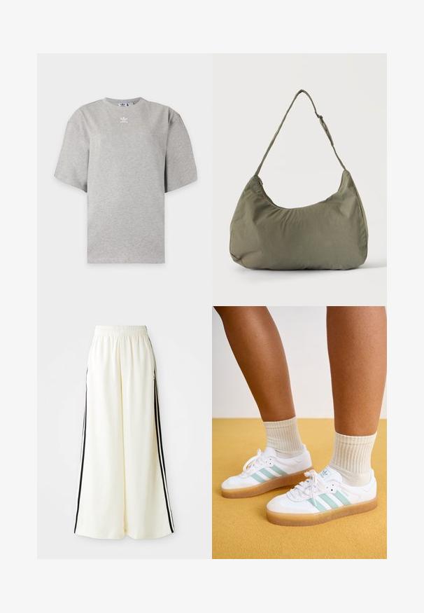Lysegrå Adidas T-shirt med korte ærmer, rund hals og lille hvid Adidas-logo på brystet, vist på en ensfarvet baggrund.; Hvide løse bukser med elastisk talje og sorte lodrette striber langs yderseams.; Hvite sneakers med mintgrønne striber, gummisål og snørebånd, parret med ribbede cremefarvede sokker. Sat mod en gul baggrund.; Skuldertaske i blødt olivengrønt stof med lynlås og justerbar rem på ensfarvet, lyst baggrund.