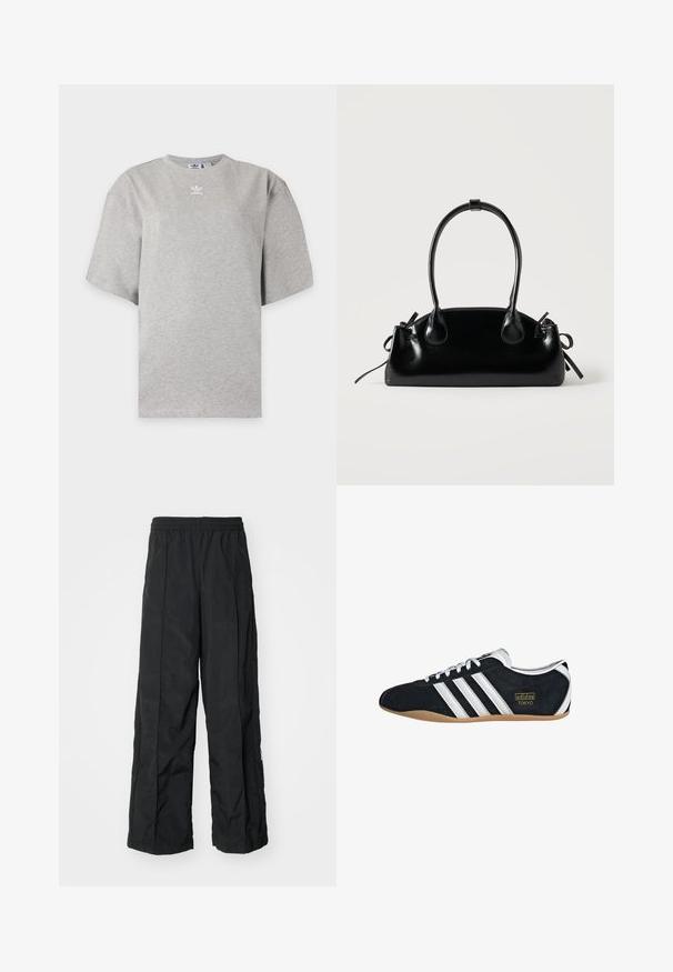 Svetlosivé tričko Adidas s krátkym rukávom, okrúhlym výstrihom a malým bielym logom Adidas na hrudi, zobrazené na jednoduchom pozadí.; Čierne nohavice s širokými nohavicami a elastickým pásom, ktoré sa vyznačujú hladkou textúrou a bočnými švovými detailmi pre lepší dizajn.; Čierne semišové tenisky s bielymi tromi pruhmi, zlatým logom a hnedou gumovou podrážkou. Disponujú nízkym šnurovacím dizajnom.; Malá čierna lesklá kabelka s dvoma dlhými rúčkami a bočnými šnúrkovými detailmi na jednoduchom svetlom pozadí.