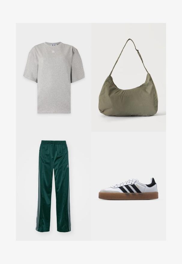 Helehall Adidas lühikeste varrukatega t-särk, ümara kaelusega ja väikese valge Adidas logoga rinnal, esitatud lihtsal taustal.; Tumedad roheline sportpants, mis on valmistatud läikivast materjalist, külgedel on heledates hallides triipudes ja vasakul jalal on broderdatud logo.; Valged nahast tossud mustade triipudega, kummist välistald, ümmargune nina, seotud sulgemine ja pehme hall suede ninaosa.; Õlakott pehmest oliivrohelisest kangast, lukuga sulgemine ja reguleeritav rihm, ühtlasel heledal taustal.