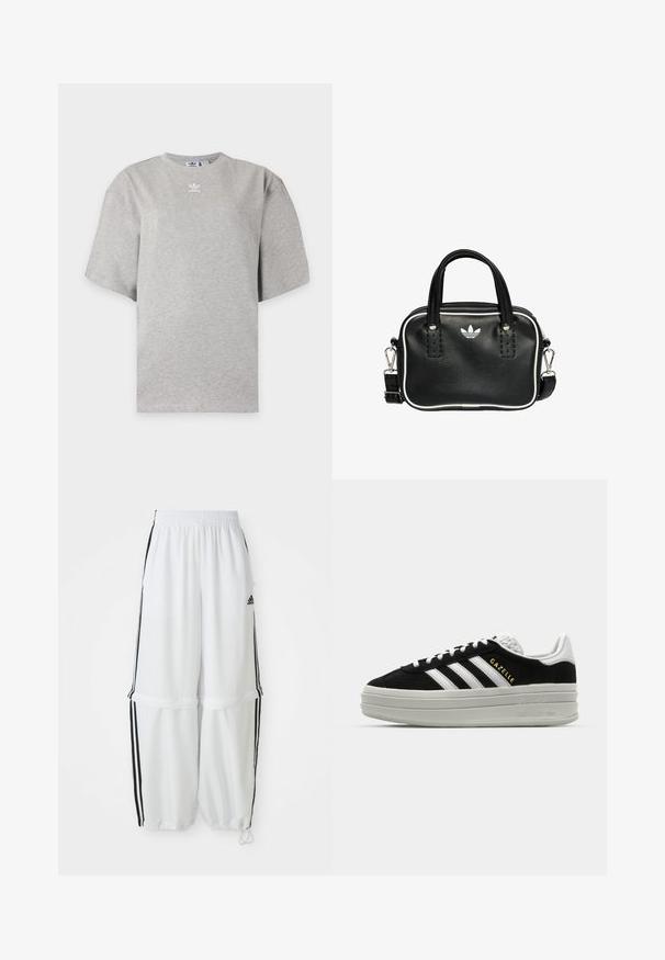 Camiseta Adidas de manga corta color gris claro con cuello redondo y pequeño logo blanco de Adidas en el pecho, mostrada sobre un fondo liso.; Pantalones deportivos blancos con un ajuste relajado, cinturilla elástica y franjas laterales negras. Presenta bolsillos con cremallera y puños elásticos en los tobillos.; Zapatillas negras de ante con detalles en cuero blanco, tres rayas blancas, cordones planos y una gruesa suela de plataforma gris. Marca "Gazelle" en dorado.; Bolso de mano de cuero negro con dos asas cortas, herrajes plateados, detalles en blanco y un logotipo blanco. Presenta una superficie texturada y un diseño compacto.