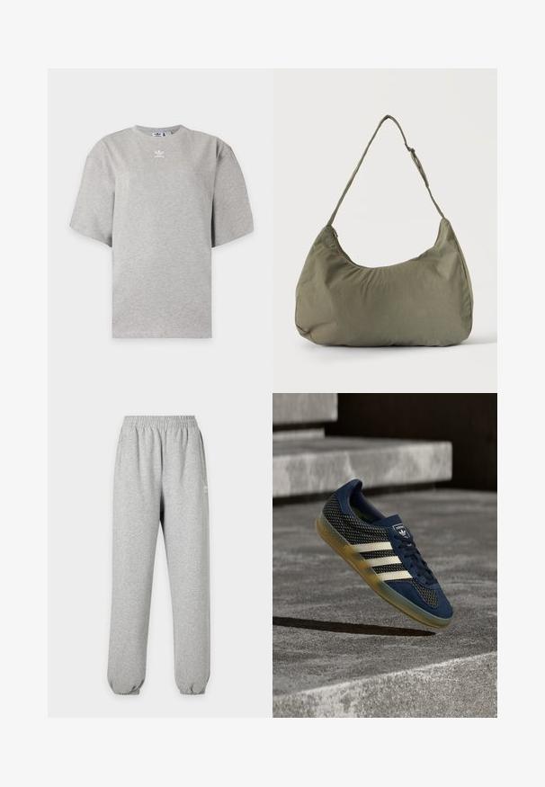 Hellgraues Adidas T-Shirt mit kurzen Ärmeln, Rundhalsausschnitt und kleinem weißen Adidas-Logo auf der Brust, auf schlichtem Hintergrund dargestellt.; Hellgraue Jogginghose mit elastischem Bund und Bündchen, Seitentaschen und kleinem weißem Logo am oberen Oberschenkel.; Navyblaue Sportschuhe mit Mesh- und Wildleder-Obermaterial, drei weißen Streifen und einer transluzenten Kaugummi-Sohle; Schnürdesign mit gepolstertem Kragen.; Olivgrüne weiche Stoff-Schultertasche mit Reißverschluss und verstellbarem Tragegurt vor einfarbig hellem Hintergrund.