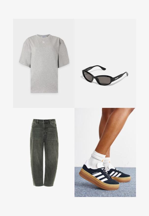 Ανοιχτό γκρι κοντομάνικη μπλούζα Adidas με στρογγυλή λαιμόκοψη και μικρό λευκό λογότυπο Adidas στο στήθος, εμφανίζεται σε απλό φόντο.; Σκούρο γκρι τζιν παντελόνι με χαλαρή εφαρμογή, διαθέτοντας πέντε τσέπες, κλείσιμο με κουμπί και διακριτική φθορά κατά μήκος του μπροστινού και του πίσω μέρους.; Πόδια με λευκές κάλτσες και μαύρα αθλητικά παπούτσια Adidas Gazelle με λευκές ρίγες και χοντρές καφέ σόλες σε γκρι χαλί.; Μαύρα γυαλιά ηλίου με ορθογώνιο σκελετό, σκούρους φακούς, λεία πλαστική υφή και μεταλλική λεπτομέρεια στο βραχίονα.