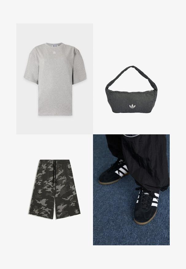Světle šedé tričko Adidas s krátkým rukávem, kulatým výstřihem a malým bílým logem Adidas na hrudi, zobrazené na jednoduchém pozadí.; Tmavě šedé a černé kamuflážové kraťasy po kolena s elastickým pasem a černým šňůrkem.; Černé semišové sportovní boty se třemi bílými pruhy a černými tkaničkami. Částečně viditelné vedle bot jsou texturované černé kalhoty.; Tmavě šedá kabelka přes rameno z texturované látky, vybavená zipovým zapínáním a vyšívaným logem na přední straně. Dlouhý, zakřivený popruh.
