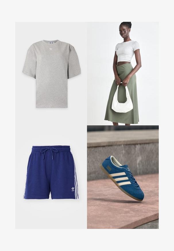 Lichtgrijs Adidas T-shirt met korte mouwen, ronde hals en klein wit Adidas-logo op de borst, weergegeven op een effen achtergrond.; Marineblauwe sportshorts met een trekkoord in de taille, voorzien van witte zijkanten en een geborduurd logo aan de onderkant links. Zachte stoftextuur.; Blauwe suède sneaker met crèmekleurige strepen en veters, zool van gumrubber, gestructureerd oppervlak, afgeronde neus en merkopdruk aan de zijkant.; Grijs geribbelde crop top en olijfgroene hoge taille rok. Model houdt een witte schoudertas met uitsparingen vast. Eenvoudig ontwerp, aansluitende silhouet.
