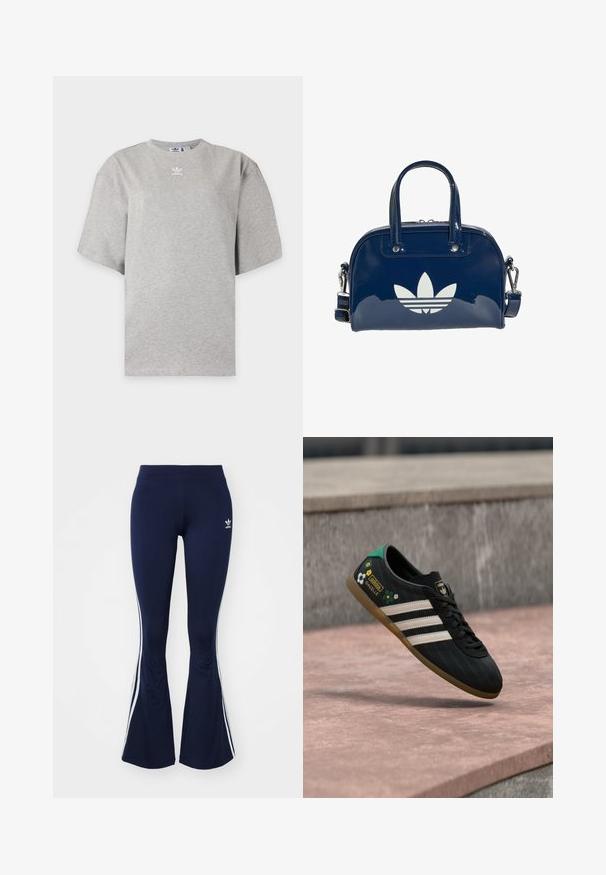 Lysegrå Adidas T-shirt med korte ærmer, rund hals og lille hvid Adidas-logo på brystet, vist på en ensfarvet baggrund.; Marineblå buksestykker med klokkeform, lavet af strækbar stof, med hvide side-striber og et lille logo på forsiden. Glat tekstur hele vejen igennem.; Sort atletiksko med hvide striber, mønstret overdel med blomsterdetaljer og en grøn hæl. Gummisål, der giver godt greb.; Skinnende mørkeblå håndtaske med dobbelte håndtag og justerbar rem, med en stor hvid Adidas trefoil-logo på forsiden.