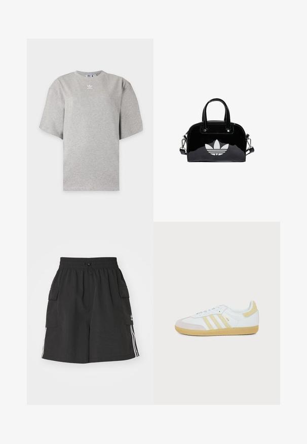 Svetlosivé tričko Adidas s krátkym rukávom, okrúhlym výstrihom a malým bielym logom Adidas na hrudi, zobrazené na jednoduchom pozadí.; Čierne cargo šortky vyrobené z ľahkého materiálu, s elastickým pásom, sťahovaním na šnúrku, bočnými vreckami a bielymi bočnými pruhmi.; Biely teniska Adidas Samba s béžovými semišovými detailmi, tromi textúrovanými pruhmi a gumovou podrážkou zobrazená zboku na bielom pozadí.; Čierna lakovaná kožená kabelka s okrúhlym tvarom, dvojitými hornými rúčkami, striebornými akcentmi a výrazným bielym logom na prednej strane.