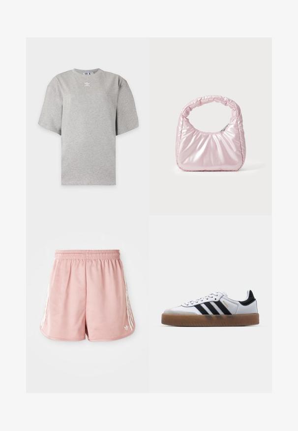 Helehall Adidas lühikeste varrukatega t-särk, ümara kaelusega ja väikese valge Adidas logoga rinnal, esitatud lihtsal taustal.; Roosa sportlikud lühikesed püksid elastse vöökoha, külgedel valgete triipudega ja väikese logoga vasakul all ees. Sile kangastekstuur.; Valged nahast tossud mustade triipudega, kummist välistald, ümmargune nina, seotud sulgemine ja pehme hall suede ninaosa.; Roosa, polsterdatud käekott ümmarguse disainiga, valmistatud läikivast materjalist. Omab kogutud käepidet ja lukuga sulgemist, et tagada turvaline ligipääs.