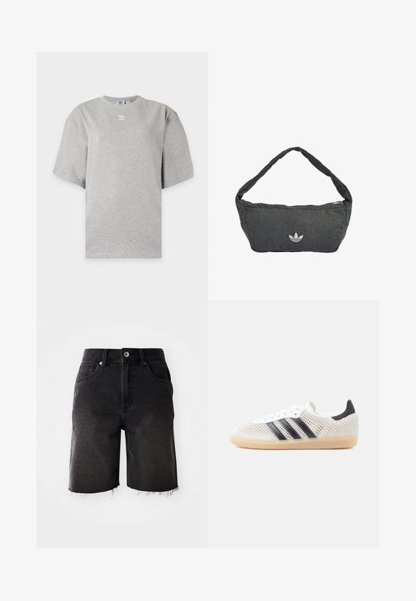 Lichtgrijs Adidas T-shirt met korte mouwen, ronde hals en klein wit Adidas-logo op de borst, weergegeven op een effen achtergrond.; Zwarte denim shorts met een vervaagde wassing, rafelig zoom, klassieke vijf-pocket ontwerp en een enkele knoopsluiting. Dikke stiksels accentueren het geheel.; Witte sneakers van mesh met een zwart ontwerp van drie strepen, een ronde neus en een rubberen gumzool. Voorzien van een zachte hielkraag en een vetersluiting.; Donkere grijze schoudertas van getextureerde stof, met een ritssluiting en een geborduurd logo aan de voorkant. Lange, gebogen schouderriem.