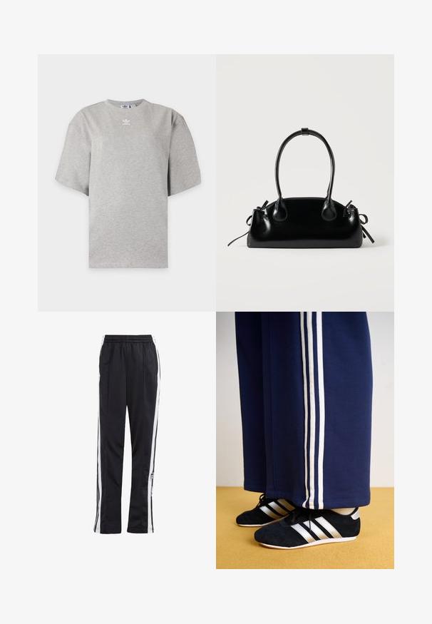 Hellgraues Adidas T-Shirt mit kurzen Ärmeln, Rundhalsausschnitt und kleinem weißen Adidas-Logo auf der Brust, auf schlichtem Hintergrund dargestellt.; Schwarze Jogginghose mit weißen Seitenstreifen, elastischem Bund und einem Logo-Patch. Hergestellt aus glattem, leichtem Stoff. Gerades Bein-Design.; Marineblaue Sweatpants mit drei weißen vertikalen Streifen und schwarzen Sportschuhen mit silbernen Streifen und strukturierten Oberflächen. Gelber Boden.; Kleine schwarze glänzende Handtasche mit zwei langen Griffen und seitlichen Kordelzug-Details vor einfachem hellem Hintergrund.
