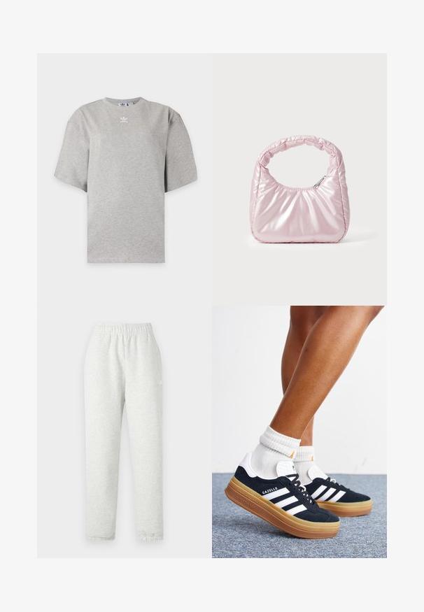 Svetlosivé tričko Adidas s krátkym rukávom, okrúhlym výstrihom a malým bielym logom Adidas na hrudi, zobrazené na jednoduchom pozadí.; Svetlo šedé tepláky s elastickým pásom, zúženými nohavicami a rebrovanými manžetami. Vyrobené z mäkkej, štruktúrovanej tkaniny. Biele logo na boku.; Nohy v bielych ponožkách a čiernych teniskách Adidas Gazelle s bielymi pruhmi a hrubými hnedými podrážkami na sivom koberci.; Ružová, polstrovaná kabelka s oblehnutým dizajnom, vyrobená z lesklého materiálu. Obsahuje naťahovanú rukoväť a zipsové uzatvorenie pre bezpečný prístup.