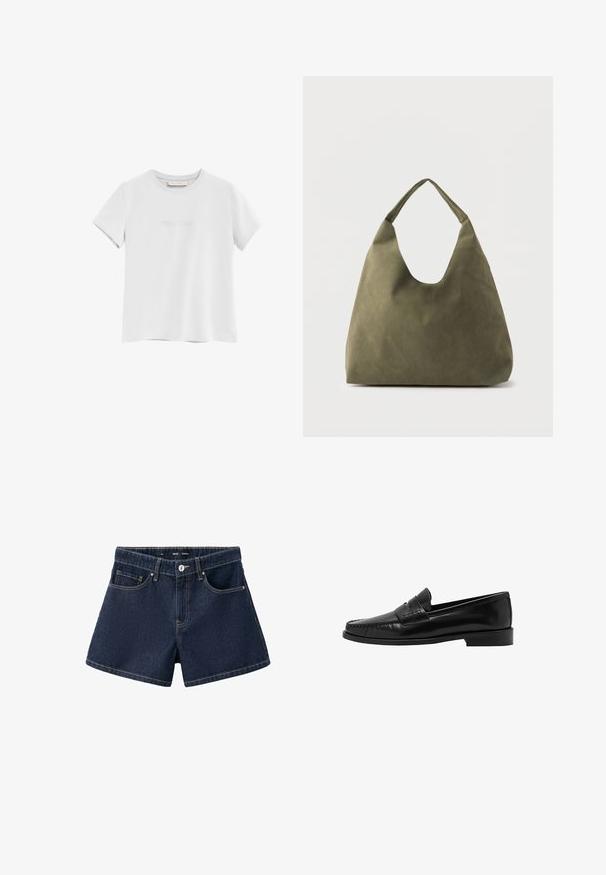 Witte korte mouw T-shirt met ronde hals, voorzien van kleine geperforeerde tekst "Polo Club" op de borst en een "Polo Club" label aan de binnenkant van de kraag.; Donkerblauwe denimshorts met knoop aan de voorkant, rits, riemlussen en twee voorzakken op een effen witte achtergrond.; Mango Instappers - black; Schoudertas van zacht leer in olijfgroen met een brede, enkele band en een ontspannen, ongestructureerde vorm op een lichte achtergrond.