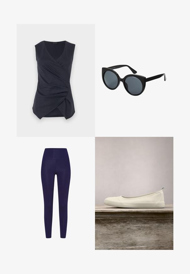 Mouwloze donkerblauwe wikkeltop met V-hals en geplooide drapering aan de voorrand, gelabeld Anna Field.; Navy blauwe leggings met een hoge tailleband, gemaakt van een gladde, rekbare stof. Het ontwerp heeft een aansluitende pasvorm zonder patronen.; Witte canvas instapschoen die boven een houten tafel buitenshuis zweeft, met groene gras en planten op de achtergrond.; Zwarte oversized zonnebril met een kattenoogvorm, donkere getinte lenzen en een glanzend plastic montuur. Beschikt over dikke tempels voor extra ondersteuning.