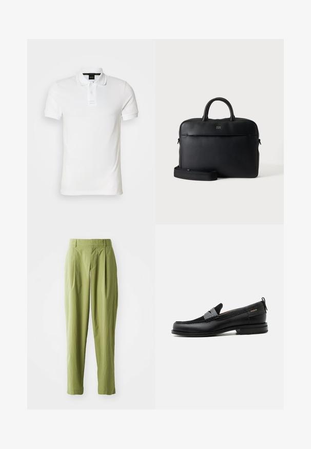 Camiseta tipo polo blanca de algodón, con cuello, mangas cortas y tapeta con dos botones. Detalle sutil del logotipo en el pecho.; Pantalones verdes claros hechos de una tela texturizada, con una forma recta, pliegues en la parte frontal y una cinturilla estándar.; Mocasín de cuero negro con detalle de tira gris, tacón bajo y suela texturizada, con la marca "HUGO" en oro en el lateral.; Maletín de cuero negro con textura, con asas superiores y correa de hombro desmontable, mostrando un pequeño logo frontal sobre un fondo gris neutro.