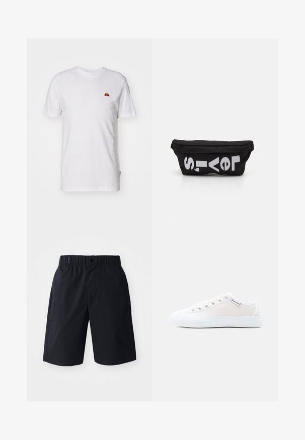 Witte katoenen t-shirt met korte mouwen en een ronde hals. Bevat een klein kleurrijk logo op de linkerkant van de borst. Zachte textuur.; Zwarte shorts van lichtgewicht stof, met een rechte voorkant, een elastische tailleband en zijzakken. Eenvoudig ontwerp zonder patronen.; Witte lage canvas sneaker met witte rubberen zool en witte veters, zijkant met label waarop het "Björn Borg" logo staat.; Zwarte stoffen tas met een platte vorm, voorzien van vet witte tekst. De ritssluiting bevindt zich aan de bovenkant, met een lus-detail aan één kant.