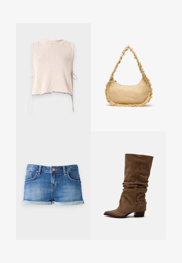 Strickärmelloses Oberteil in hellem Beige mit Rundhalsausschnitt und seitlichen Bändern. Verfügt über kontrastierende schwarze Nähte am Saum. Weicher Stoff.; Blaue Denim-Shorts mit umgeschlagenem Saum, ausgestattet mit zwei vorderen Taschen, einem Knopfverschluss und kontrastierenden Nähten.; Brauner, lockerer Stiefel bis zur Mitte der Wade mit spitzer Schuhspitze, niedrigem Blockabsatz und dekorativem Schnallenriemen nahe dem Knöchel auf weißem Hintergrund.; Texturierte beige Tasche mit runder Form, ausgefranstem Rand entlang der Kanten und einem kurzen Tragegriff. Mit einem Reißverschluss oben.