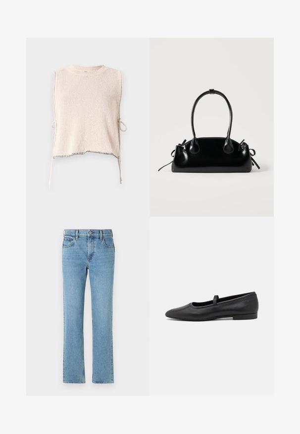 Strikket ærmeløs top i lys beige med rund hals og sidesnore. Har kontrasterende sort syning langs kanten. Blød tekstur.; Lysblå denimjeans med lige pasform, fem lommer, knap- og lynlåslukning samt subtil fading. Klassisk, enkelt design.; Sorte ballet flade lavet af glatmælket læder, med en rund tå, et lille bånd henover toppen, og et minimalistisk design.; Lille sort blank håndtaske med to lange håndtag og snøre-detaljer i siden på en ensfarvet lys baggrund.