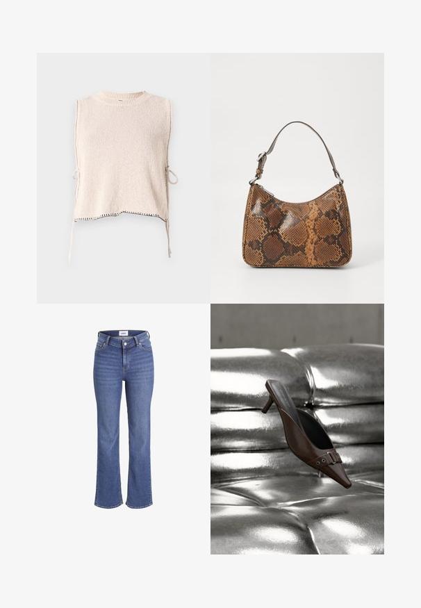 Strikket ærmeløs top i lys beige med rund hals og sidesnore. Har kontrasterende sort syning langs kanten. Blød tekstur.; Mørkeblå jeans i denim med høj talje, brede ben og et traditionelt fem-lomme design. Har synlig syning og lukning med en frontknap.; Brun spids tå hæl mule med spænde detalje svævende over en skinnende sølv tuftet læderoverflade.; Lille håndtaske med brun og sort slangeskinn mønster, kort justerbar rem og lynlåslukning.
