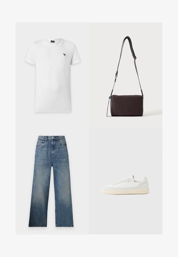 Effen wit T-shirt met korte mouwen en ronde hals met een klein zwart-wit gestreept zebra-logo op de linkerborst.; Blauwe denim wijdgerande jeans met een hoge taille, voorzien van subtiele vervaging, vijf zakken en een metalen knoopsluiting aan de voorkant.; Witte sneaker met een bovenwerk van gestructureerd suède en leer. Voorzien van een afgeronde neus, vetersluiting en een contrasterende beige rubberen zool.; Donkerbruine gestructureerde leren crossbodytas met verstelbare riem en klein decoratief blauw accent aan de zijkant.
