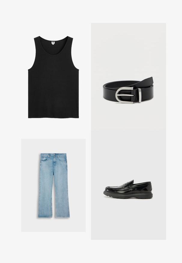 Camiseta negra sin mangas con escote redondo, hecha de tela acanalada, mostrada extendida sobre un fondo blanco.; Jeans de mezclilla azul claro con corte recto, que cuentan con cinco bolsillos, cierre de botón y costuras a lo largo de las costuras.; Mocasín de cuero negro con un acabado brillante, punta redondeada, detalles de costura sutiles y una suela de goma gruesa para mayor durabilidad.; Cinturón de cuero negro con una textura suave, que presenta una hebilla de metal plateado y una forma rectangular clásica.