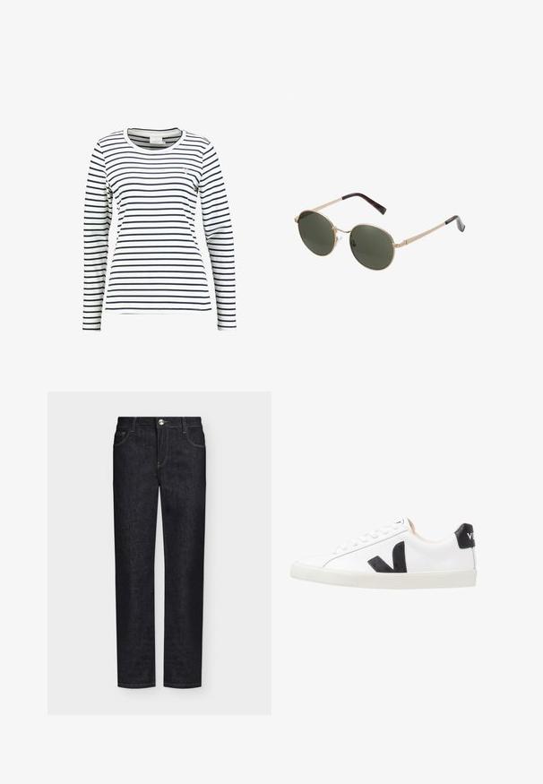 Wit shirt met lange mouwen met horizontale navyblauwe strepen en een klein roze hartje op de linkerborst.; Zwarte rechte spijkerbroek met voorzakken, riemlussen en knoopsluiting op een effen achtergrond.; Witte sneaker met een zwart V-logo, voorzien van een gladleren bovenwerk, ronde neus, vetersluiting en een contrasterende zwarte hieltab.; Ronde zonnebrillen met metallic gouden monturen en donkergroene lenzen. De armen hebben een schildpadmotief voor extra detail.