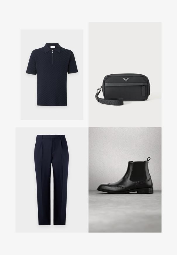 Marineblauw polohemd met korte mouwen, een gestructureerd patroon en een voorrits die van de kraag tot de borst loopt.; Marineblauwe tailored broek gemaakt van gestructureerde stof, met een rechte pasvorm, voorplooien en een klassieke tailleband met riemlussen.; Zwarte leren Chelsea-boot met brogue-details, elastische zijpanelen, aantreklus en lage hak, zwevend in de lucht tegen een moderne interieurvloer.; Zwarte rechthoekige polstas met voorvak met rits, zilveren logo-embleem en afneembare band met merktekst.