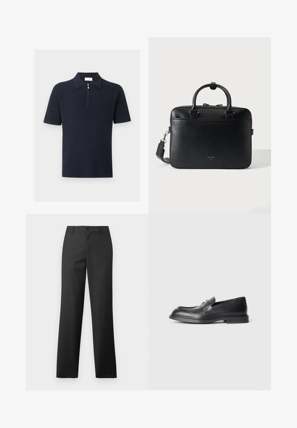 Marineblå kortærmet poloshirt med tekstureret mønster og forreste lynlås, der går fra kraven til brystet.; Samsøe Samsøe SAJOHNNY TROUSERS - Bukser - turkish coffee; Sorte læder loafers med en struktureret finish, der har en dekorativ frontrem og en rundet tå. Gummisål for holdbarhed.; Sort lædermappe med dobbelte håndtag og aftagelig skulderrem, minimalistisk design på ensfarvet baggrund.
