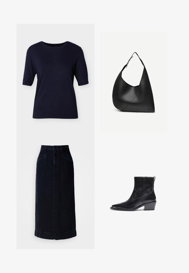Navyblå kortærmet sweater med rund halsudskæring, ribstrikkede ærmekanter og kant forneden, lavet af et glat strikket stof. Ingen synlige mønstre eller detaljer.; Mørk denim midi nederdel med høj talje, frontknaplukning og sidelommer; har en lige skæring og en subtil kantdetalje.; Sort læder ankelstøvle med spids tå og lav blokhæl. Funktioner inkluderer en sidelukning med lynlås og minimale syninger for et elegant design.; Sort læder skuldertaske med buet trekantet form, enkelt justerbart rem og synlig diagonal søm foran.