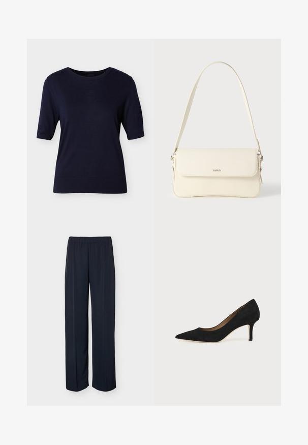 Pull à manches courtes bleu marine avec un col rond, des poignets et un ourlet côtelés, fabriqué à partir d'un tissu en maille lisse. Aucun motif ou accent visible.; Pantalon droit bleu marine foncé avec taille élastique et détail subtil de pli avant, présenté sur un fond uni.; Escarpin en daim noir à bout pointu avec un talon stiletto fin de hauteur moyenne et un design à coupe basse sur un fond uni.; Sac à bandoulière en cuir couleur crème avec fermeture à rabat, quincaillerie argentée, une bandoulière réglable et un logo discret.