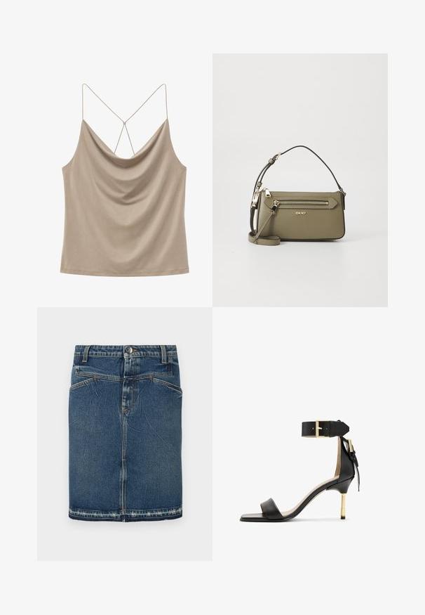 Beige satin camisole top med draperet halsudskæring og tynde krydsede stropper bagpå på en hvid baggrund.; Denimnederdel med et klassisk blåt vask, fem-lomme design og frynset kant. Lukker med en frontknap og lynlås.; Sort læder hæl sandal med firkantet tå, ankelrem med en guldbuckle og en slank metallisk hæl. Glat tekstur, minimalistisk design.; Olivengrøn DKNY håndtaske med tekstureret overflade, en frontlomme med lynlås, guldfarvet hardware og en aftagelig skulderrem.