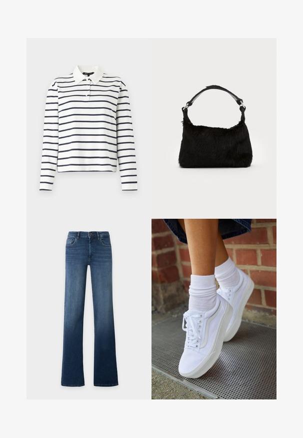 Langärmliges Polohemd in Weiß mit navy horizontalen Streifen, mit einem Kragen und einer Knopfleiste mit drei Knöpfen. Aus Baumwollmaterial.; Blaue High-Waist-Jeans mit geradem Bein, Knopf- und Reißverschluss, Vorder- und Gesäßtaschen, auf schlichtem, hellem Hintergrund dargestellt.; Weiße Leinensneaker mit Gummisohlen, ausgestattet mit sechs Ösen, runder Zehenpartie und dezenten Nähten, kombiniert mit weißen Knöchelsocken.; Schwarze Kunstfell-Handtasche mit weicher Textur, runder Form und einem stabilen schwarzen Leder-Schulterriemen. Sichtbare silberne Hardware-Akzente.
