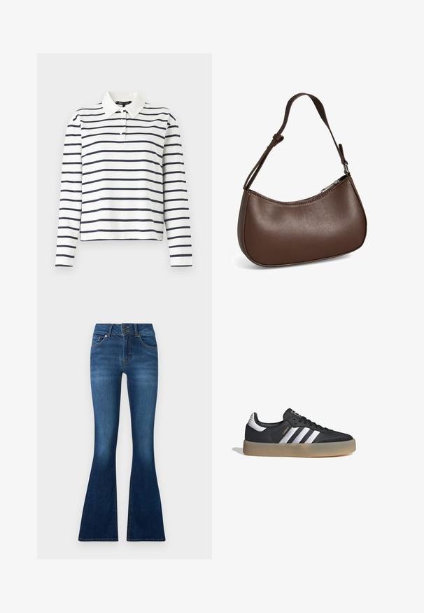 Camisa polo de manga larga en blanco con rayas horizontales en navy, con un cuello tipo polo y tapeta de tres botones. Material de algodón.; Jeans acampanados de mezclilla azul oscura. Cuenta con cierre de dos botones, cinco bolsillos y detalles de desvanecimiento en las piernas. Diseño de cintura estándar.; Zapatilla deportiva de cuero negro con tres rayas plateadas, punta texturizada y suela de goma. Cuenta con un collar acolchado y un diseño con cordones.; Pequeño bolso bandolera de cuero marrón con correa ajustable y cierre de cremallera, mostrado sobre un fondo blanco. Sin logotipos ni adornos visibles.