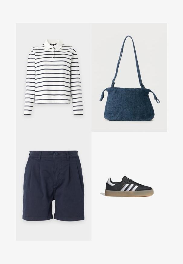 Camisa polo de manga larga en blanco con rayas horizontales en navy, con un cuello tipo polo y tapeta de tres botones. Material de algodón.; Pantalones cortos azul marino de tejido trenzado, con cierre frontal de botón, diseño plisado y bolsillos laterales. Dobladillo limpio en las aperturas de las piernas.; Zapatilla deportiva de cuero negro con tres rayas plateadas, punta texturizada y suela de goma. Cuenta con un collar acolchado y un diseño con cordones.; Bolso de hombro de mezclilla azul oscuro con extremos de correa anudados y forma rectangular simple sobre un fondo blanco.