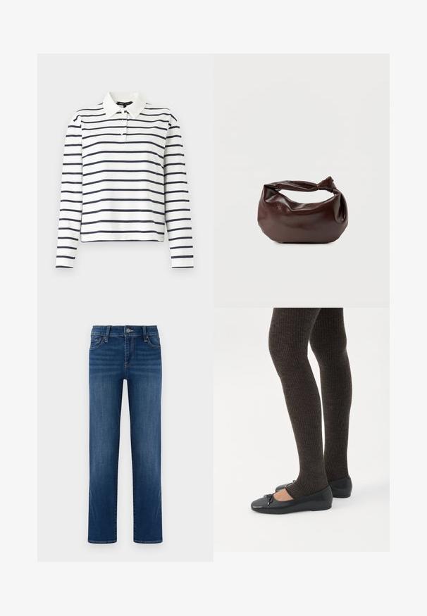 Polo à manches longues en blanc avec des rayures horizontales bleu marine, doté d'un col et d'une patte de boutonnage à trois boutons. Matière en coton.; Jeans en denim bleu, design à jambe droite, lavage moyen, cinq poches, fermeture à bouton et à fermeture éclair, couture visible, texture lisse.; Jambes portant des leggings côtelés foncés associés à des ballerines noires avec de petits détails en nœud sur fond blanc.; Sac bandoulière en cuir marron foncé avec une forme souple et décontractée et une anse nouée torsadée sur un fond blanc uni.