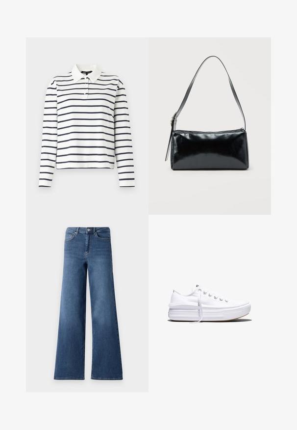 Langærmet polo-shirt i hvid med navy horisontale striber, med krave og tre-knaps placket. Fremstillet af bomuldsmateriale.; Bredde ben blå denimjeans med en standard talje, forlommer og en glat tekstur. Ingen synlige mønstre eller udsmykninger.; Hvid lavt snørestøvle med tyk plateau-sål, snørelukning foran og gummiforstærket tåkap, set i sideprofil.; Sort rektangulær skuldertaske med en enkelt justerbar rem og lynlås i toppen på en ensfarvet baggrund.