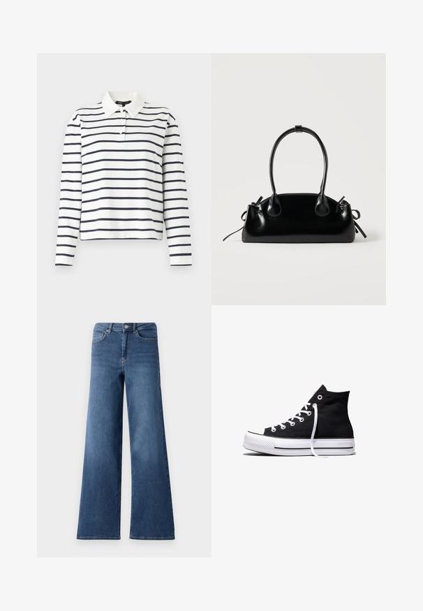 Langärmliges Polohemd in Weiß mit navy horizontalen Streifen, mit einem Kragen und einer Knopfleiste mit drei Knöpfen. Aus Baumwollmaterial.; Breite, blaue Jeans mit weitem Bein, die einen normalen Bund, Vorderaschen und eine glatte Textur aufweisen. Keine sichtbaren Muster oder Verzierungen.; Schwarzer High-Top-Canvas-Sneaker mit weißer Gummisohle und weißen Schnürsenkeln, seitlich dargestellt vor weißem Hintergrund.; Kleine schwarze glänzende Handtasche mit zwei langen Griffen und seitlichen Kordelzug-Details vor einfachem hellem Hintergrund.