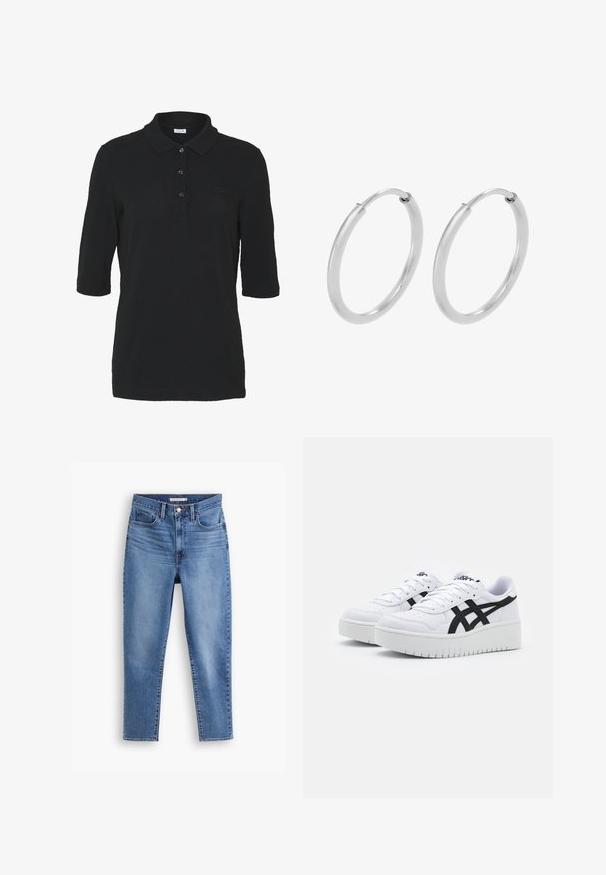 Camiseta polo negra con cuello, mangas tres cuartos y botones negros. Presenta un pequeño logotipo bordado en el pecho. Material de algodón.; Jean de mujer de tiro alto en azul con cierre delantero de botones y cremallera, con trabillas para cinturón y diseño de cinco bolsillos, plano sobre fondo blanco.; Zapatillas blancas con una superficie texturizada, franjas laterales negras y una suela blanca gruesa. Presentan un diseño de cordones y un logo en la lengüeta.; Pendientes de aro de plata, forma circular, textura lisa y brillante, y ancho constante en toda su extensión. Diseño minimalista sin acentos adicionales.
