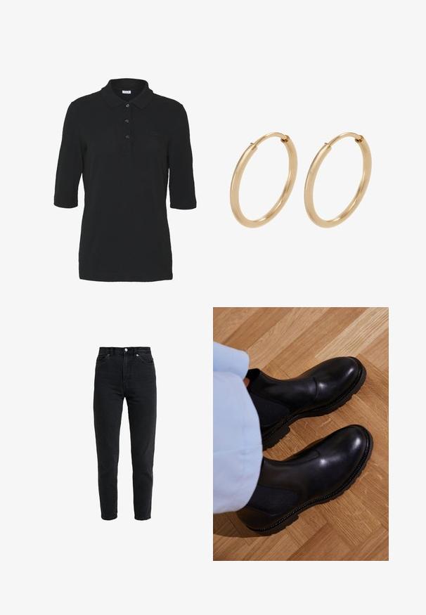 Zwarte polo met een kraag, driekwart mouwen en zwarte knopen. Heeft een klein geborduurd logo op de borst. Gemaakt van katoen.; High-waist zwarte spijkerbroek met voorste knoop en rits, twee voorzakken en taps toelopende pijpen op een witte achtergrond.; Zwarte enkellaarzen van soepel leer met elastische zijpanelen, een getextureerde rubberen zool en contrasterende stiklijnen langs de rand.; Gouden creolen met een gladde, gepolijste afwerking. Ronde vorm, middelgrote maat, met een veilige sluitmechanisme.