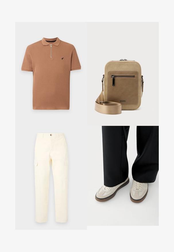 Brun strikket polo med korte ærmer, krave, frontlynlås og lille sort broderet logo på venstre bryst.; Lys gule cargobukser lavet af bomuld, med sidelommer og lige ben design, med en knaplukning i taljen.; Fødder iført beige sneakers med brune såler og sorte bukser med vide ben på hvid baggrund.; Lille beige crossbody-taske med lynlåslomme foran, metal ALDO-logo, justerbar bred rem og rundet rektangulær form på hvid baggrund.