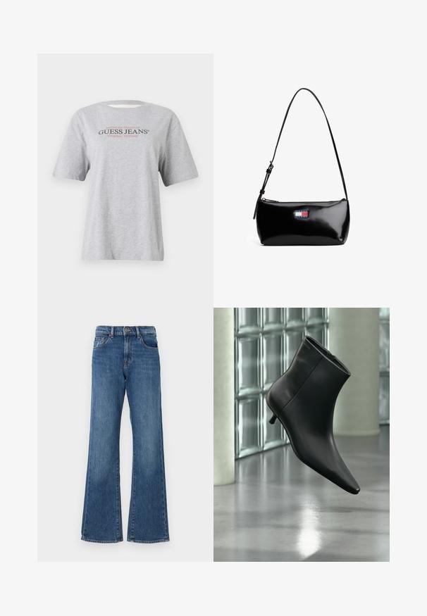 Grå kortærmet T-shirt med teksten "American Tradition GUESS JEANS® ORIGINAL DESIGNS" i sort og rød skrift.; Blå denim flared jeans med høj talje, der har fem lommer og knaplukning. Stofmet har en let falmet finish.; Sort læderankelstøvle med spids tå og lav kitten-hæ, vist vinklet mod en poleret gulv- og glasblokvæg.; Sort patenteret læder skuldertaske med en buet rem, lynlåslukning og et rektangulært logo patch i rød, hvid og blå.