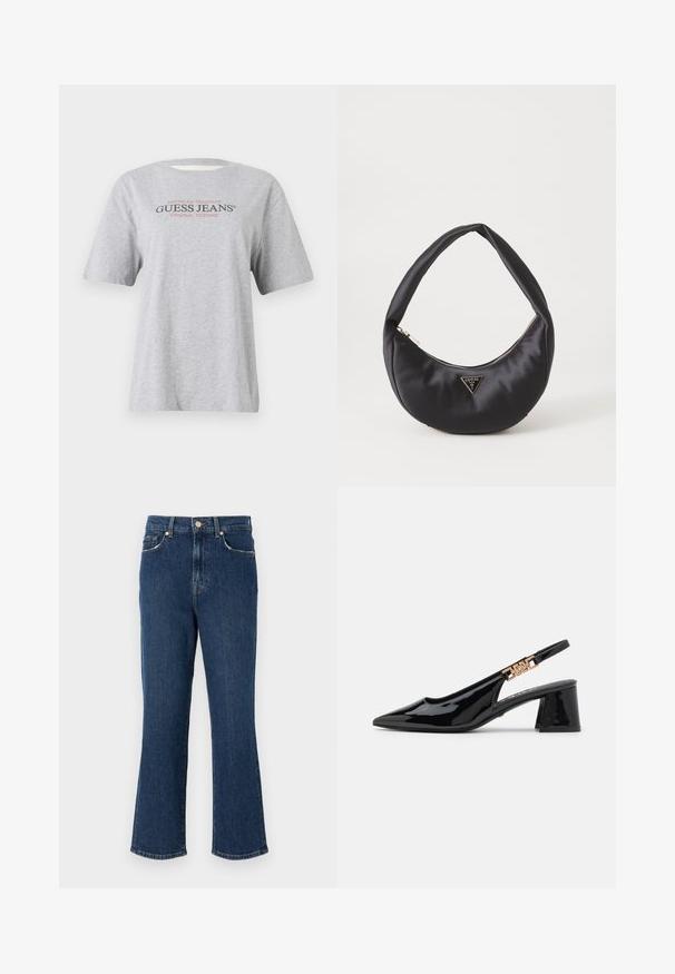 Graues T-Shirt mit kurzen Ärmeln, auf dem der Text "American Tradition GUESS JEANS® ORIGINAL DESIGNS" in schwarzen und roten Buchstaben abgebildet ist.; Dunkelblaue, ausgestellte Jeans aus Denim mit einer definierten Taille, Fronttaschen und goldfarbenen Details. Glatte Textur mit Nahtdetails.; Schwarze Lackleder Slingback-Pumps mit einer spitzen Zehe und goldfarbener Hardware am Riemen, ausgestattet mit einem Blockabsatz. Glatte Textur.; Schwarze Satin-Handtasche mit geschwungener Form, ausgestattet mit einem Reißverschluss und einem dreieckigen Metallsymbol auf der Vorderseite. Glatte Textur und elegantes Design.